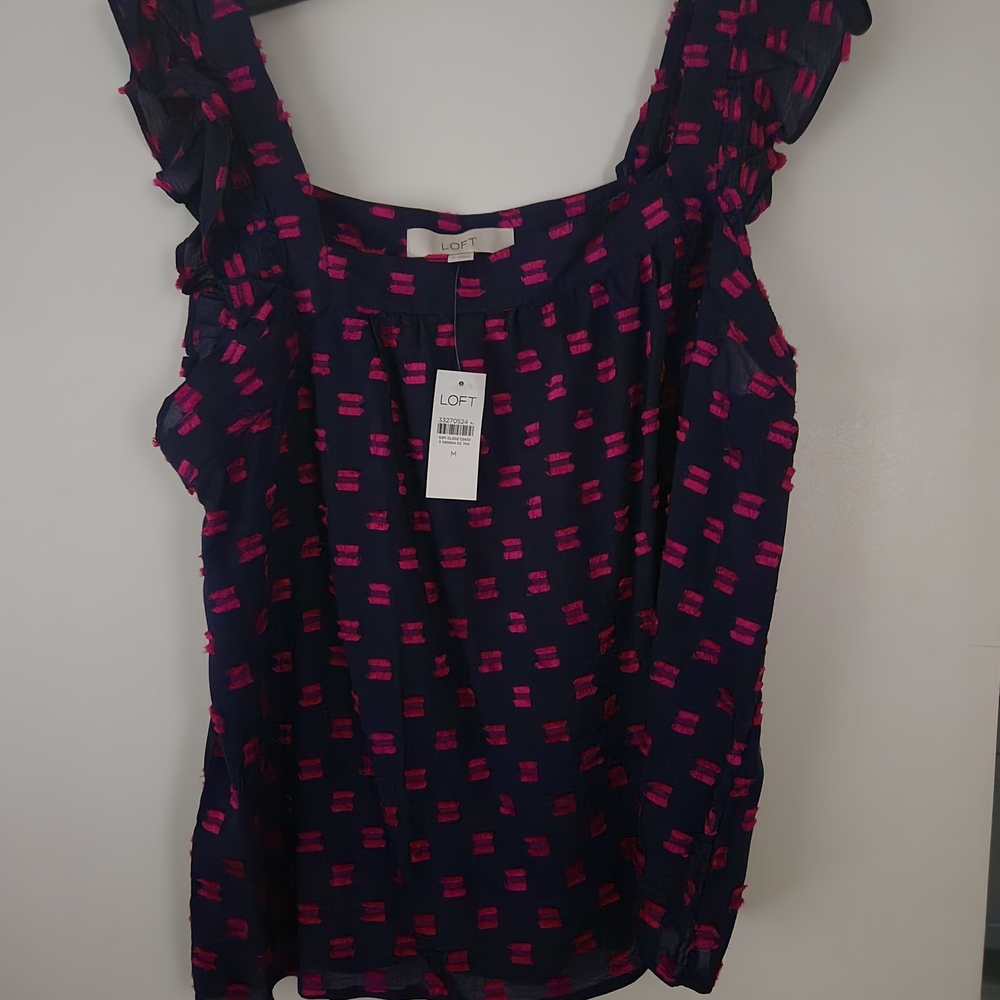 LOFT Dark Blue and Magenta Ruffle Blouse
